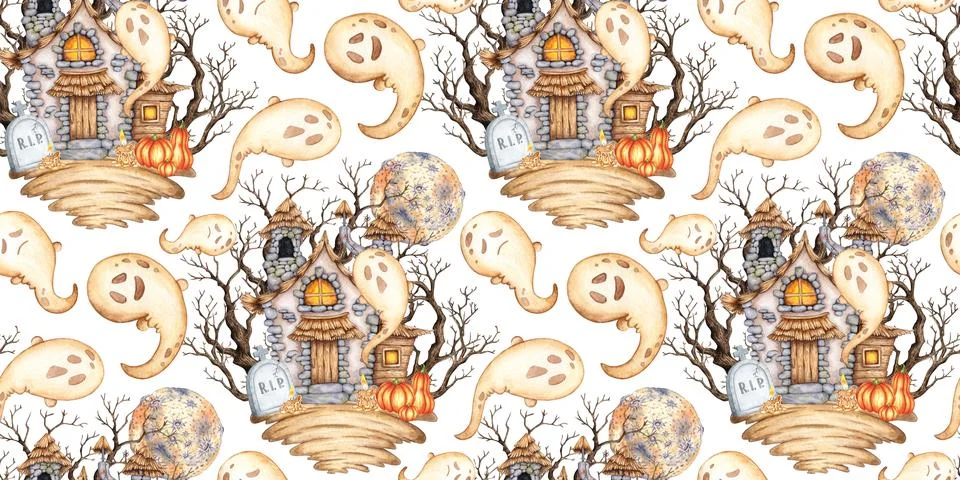 Castle moon and ghost pattern watercolor Stock Illustration