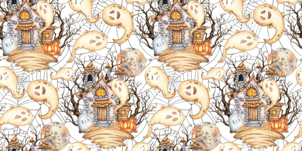 Castle moon ghost and web pattern watercolor Stock Illustration