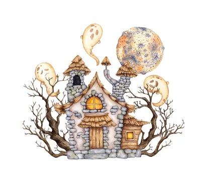Castle moon tree and ghost watercolor Stock Illustration