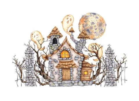 Castle moon tree ghost and fence watercolor Ilustración de archivo