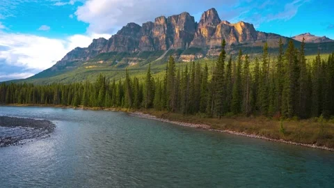 Castle Mountain and Bow River in Banff National Park at sunset Stock Footage 205541069