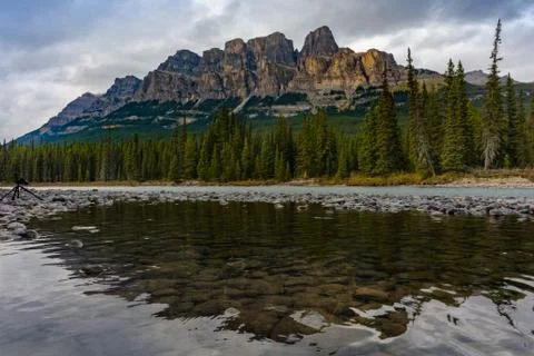 Castle Mountain at Bow river in Alberta Stock Photos
