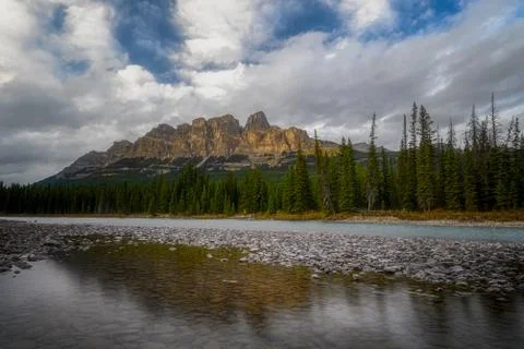 Castle Mountain at Bow river in Alberta Stock Photos