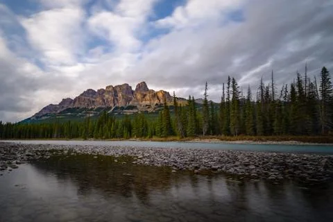 Castle Mountain at Bow river in Alberta Stock Photos