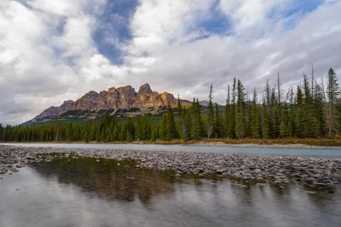 Castle Mountain at Bow river in Alberta Stock Photos