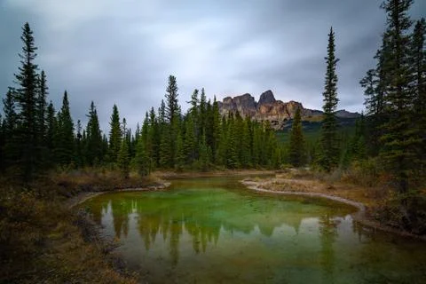 Castle Mountain at Bow river in Alberta Stock Photos