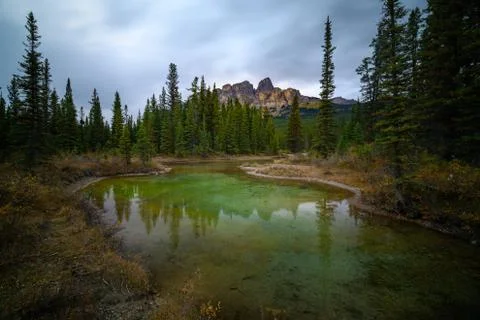 Castle Mountain at Bow river in Alberta Stock Photos