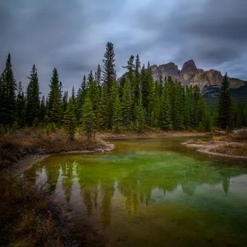 Castle Mountain at Bow river in Alberta Stock Photos