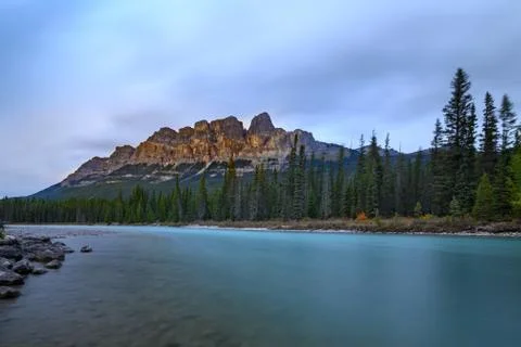 Castle Mountain at Bow river in Alberta Stock Photos
