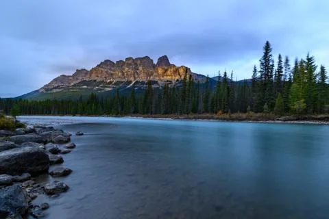 Castle Mountain at Bow river in Alberta Stock Photos