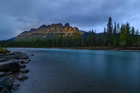 Castle Mountain at Bow river in Alberta Stock Photos