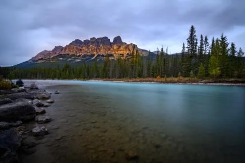 Castle Mountain at Bow river in Alberta Stock Photos