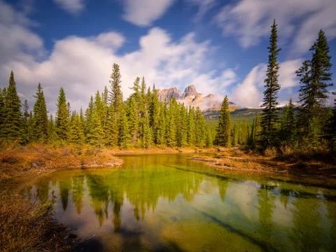 Castle Mountain at Bow river in Alberta Stock Photos