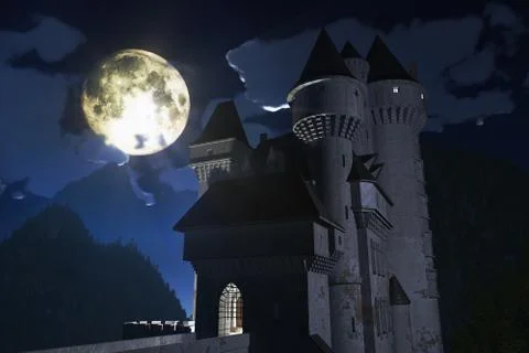 Castle at Night in the Mountains 3D render Illustrazione stock