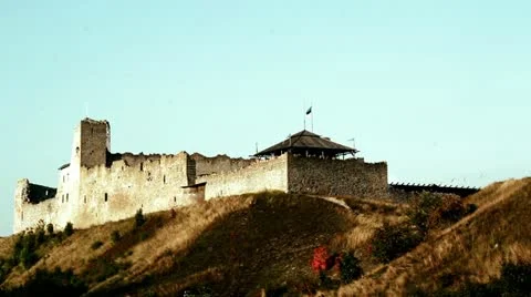 Castle old city knight flag roof grass Stock Footage