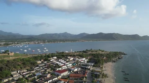 Castle overlooking bay next to the town of Juangriego, Isla margarita, Venezuela Stock Footage 261020134