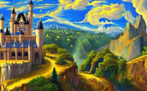 A castle overlooking a vast forest 库存插图