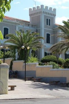 Castle with palm trees Stock Photos