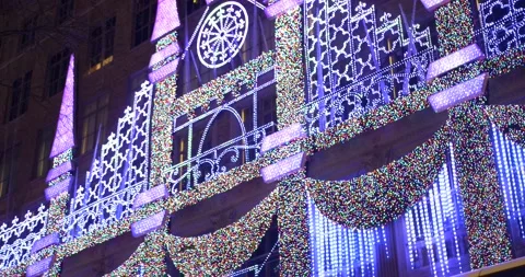 Castle projected on a building at Christmas light show at Rockafeller center Stock Footage 164112345