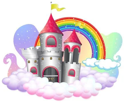 Castle with rainbow on the cloud isolated on white background Illustrazione stock