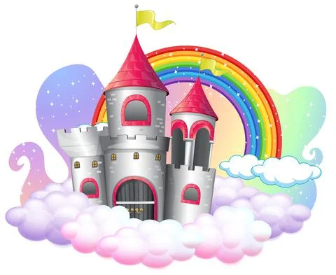 Castle with rainbow on the cloud isolated on white background Stock Illustration