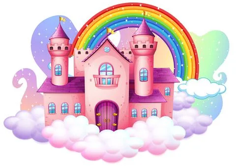 Castle with rainbow on the cloud isolated on white background Illustrazione stock