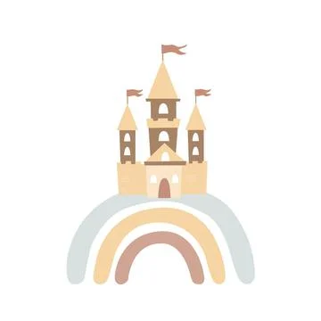 Castle on the rainbow isolated on white. Vector illustration in Scandinavian Ilustración de archivo