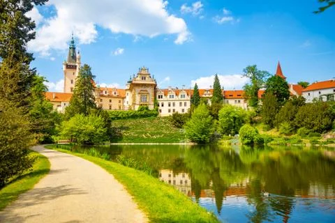 Castle with reflection in pond in spring time in Pruhonice, Czech Republic Stock Photos