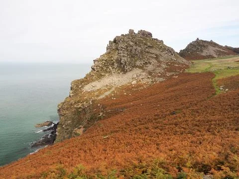 Castle Rock and Rugged Jack Across Valley of Rocks, Exmoor, Devon Stock Photos