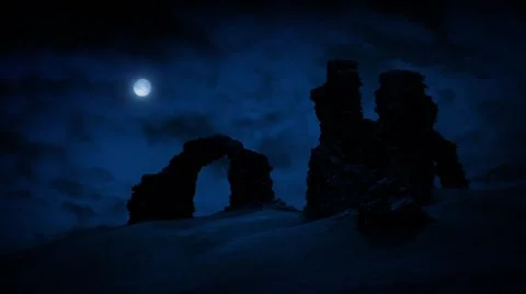 Castle Ruins On Hilltop With Full Moon Stock Footage