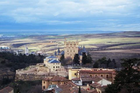 Castle of Segovia, a view from an observation deck at Cathedral of the city.. Stock Photos