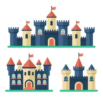 Castle set in flat style. Medieval buildings fortress fantasy gothic Stock-Illustration
