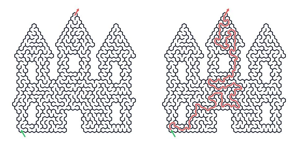 Castle shape maze puzzle with empty and solved path. Logic game to find way f Stock Illustration