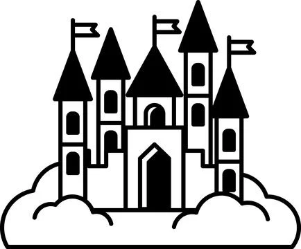 Castle is shown in the sky with flags flying from the top of the building Stock Illustration