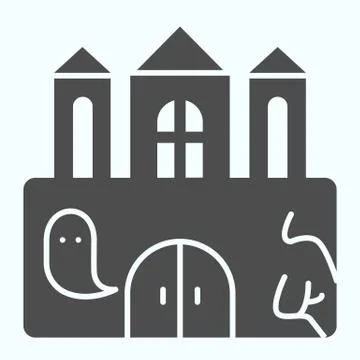 Castle solid icon. Big magic tower with door and ghost. Halloween vector design Stock Illustration