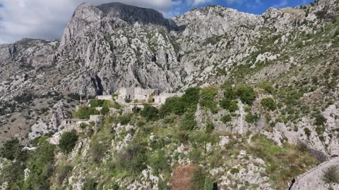 The Castle of St John (San Giovanni) in Kotor, aerial view of the ancient Stock Footage 287779149