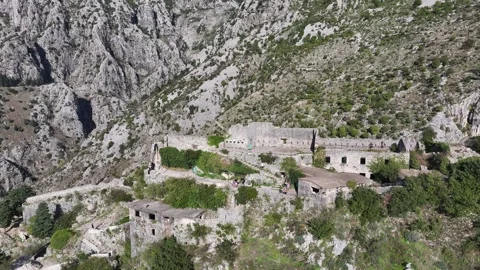 The Castle of St John (San Giovanni) in Kotor, aerial view of the ancient Stock Footage 287779243