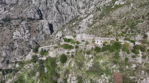 The Castle of St John (San Giovanni) in Kotor, aerial view of the ancient Stock Footage 287779439
