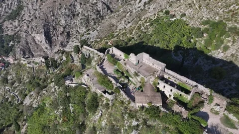 The Castle of St John (San Giovanni) in Kotor, aerial view of the ancient Stock Footage 287779705