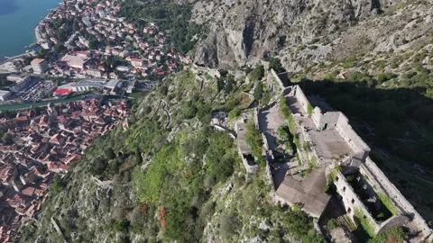 The Castle of St John (San Giovanni) in Kotor, aerial view of the ancient Stock Footage 287780697