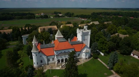 Castle with stables aerial pull back shot Stock Footage 46199092