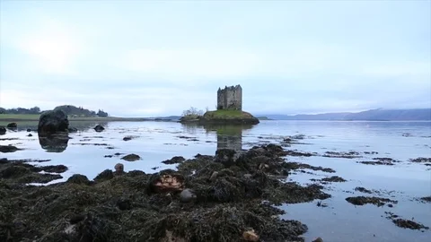 Castle Stalker Low tide front pan Stock Footage 122122685