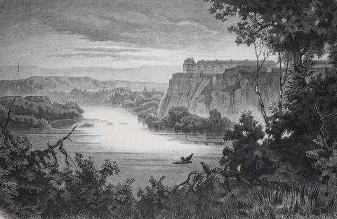 A castle on a steep cliff above a quiet river in an idyllic landscape at sunset, Ilustração Stock