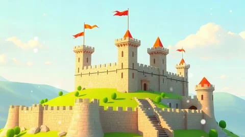 Castle with step view: Illustration of a white castle with a stair entrance vie Video stock 308846968