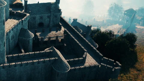 Castle structure on a hill with trees and fog in the background Stock Footage 344289644