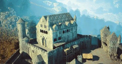 Castle structure with medieval architecture surrounded by mountains and fores Stock Illustration