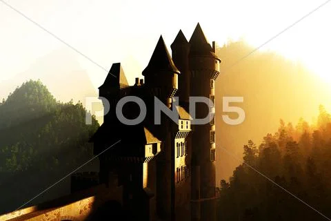 Castle in the sunset sunrise in the Mountains 3D render Stock Illustration