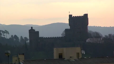 Castle on top of the hill with mountain range Stock Footage 37557072