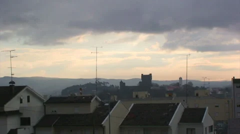 Castle on top of the hill with mountain range Stock Footage 37557249