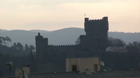 Castle on top of the hill with mountain range Video stock 37557380